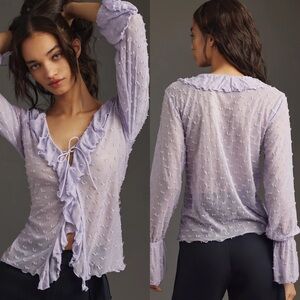 Anthropologie Lavender Bell Sleeve Ruffle Blouse Size XS Swiss Dot Fairy Boho